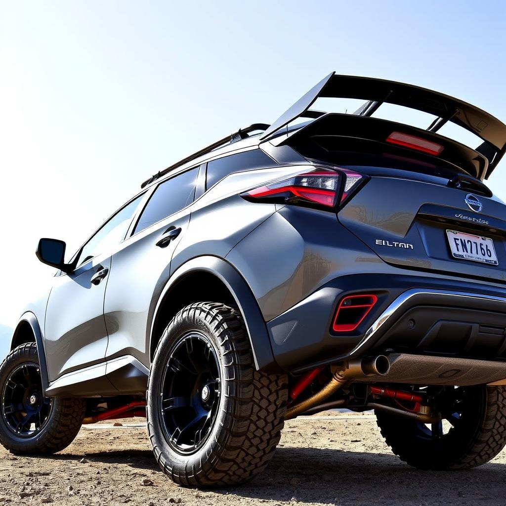 A Nissan Murano Z51 modified in a sporty Rocket Bunny tuning style, showcasing extreme dirt tires, specifically Maxxis M9060, which enhance its off-road capabilities