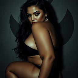 A woman with voluptuous curves and prominent features, capturing a bold and provocative pose in an artistic and sensual manner