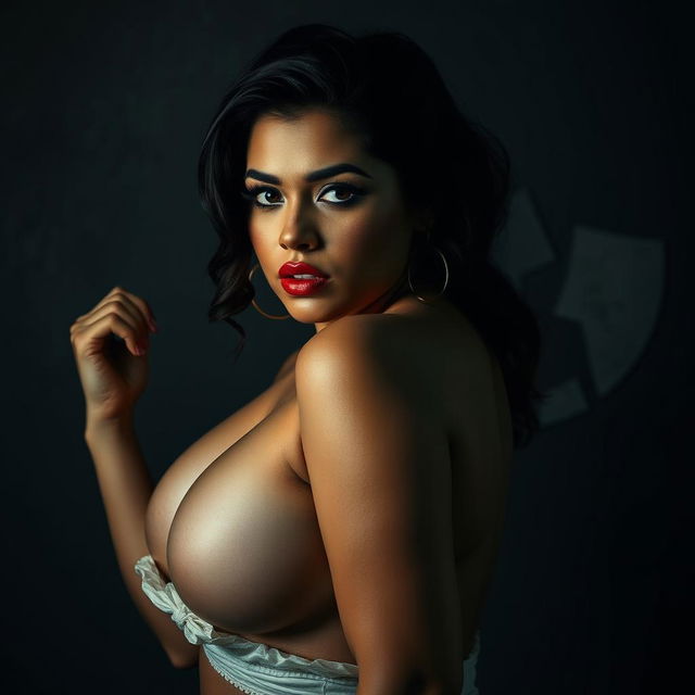 A woman with voluptuous curves and prominent features, capturing a bold and provocative pose in an artistic and sensual manner