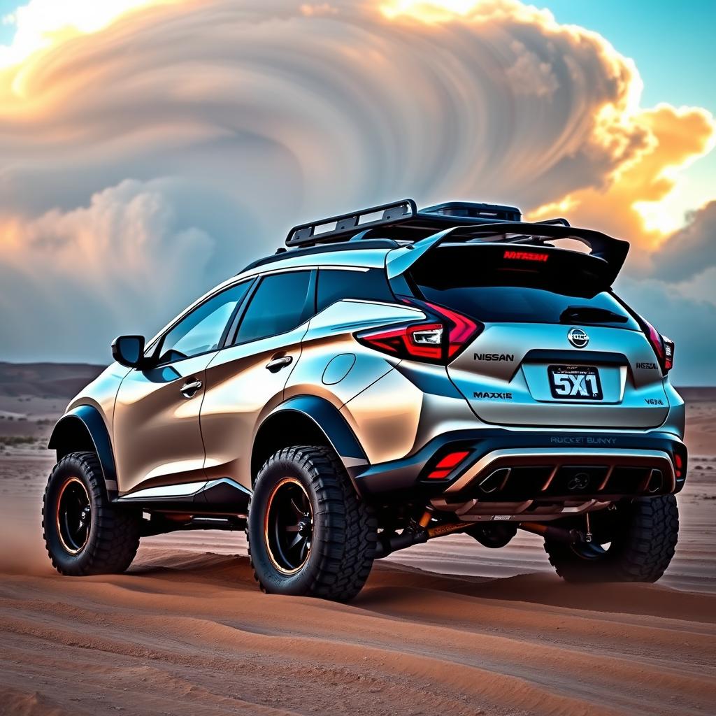 An Auto Nissan Murano Z51, modified in a sport tuning style with Rocket Bunny body kit, featuring extreme dirt tires by Maxxis M9060