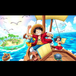 A vibrant and dynamic scene from the world of One Piece, featuring the Straw Hat Pirates aboard their iconic ship, the Going Merry, sailing through a crystal clear sea with a bright sunny sky