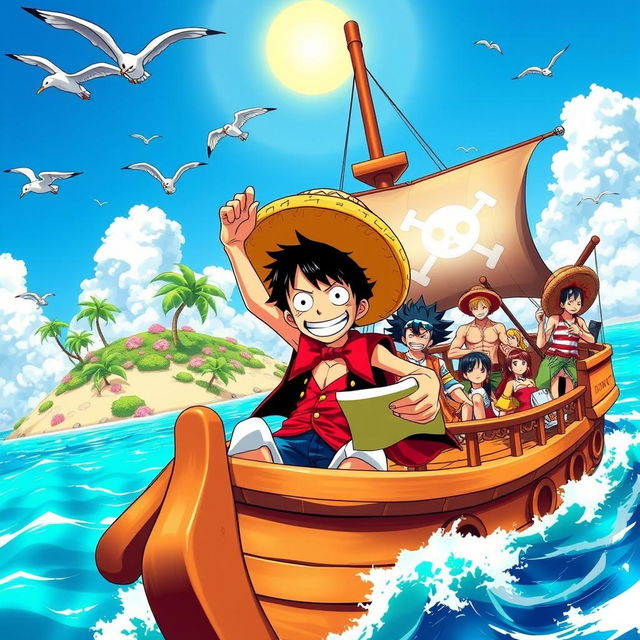 A vibrant and dynamic scene from the world of One Piece, featuring the Straw Hat Pirates aboard their iconic ship, the Going Merry, sailing through a crystal clear sea with a bright sunny sky