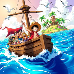 A vibrant and dynamic scene from the world of One Piece, featuring the Straw Hat Pirates aboard their iconic ship, the Going Merry, sailing through a crystal clear sea with a bright sunny sky