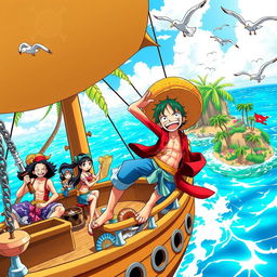 A vibrant and dynamic scene from the world of One Piece, featuring the Straw Hat Pirates aboard their iconic ship, the Going Merry, sailing through a crystal clear sea with a bright sunny sky