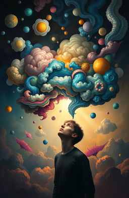 A surreal, dreamlike scene depicting the complexities of the human mind, filled with abstract shapes and vibrant colors representing thoughts and emotions swirling like clouds around a central figure