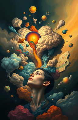 A surreal, dreamlike scene depicting the complexities of the human mind, filled with abstract shapes and vibrant colors representing thoughts and emotions swirling like clouds around a central figure