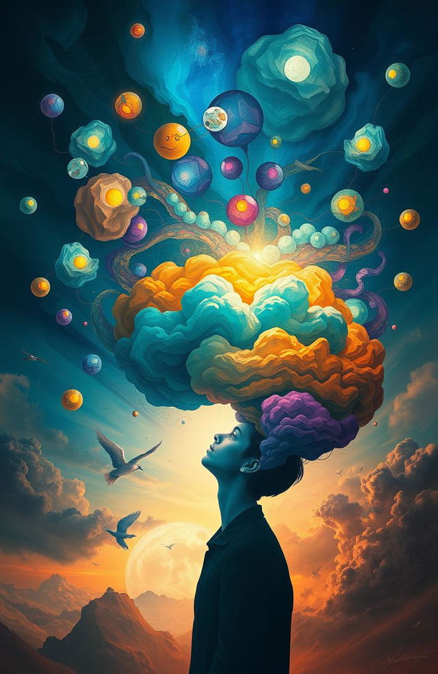 A surreal, dreamlike scene depicting the complexities of the human mind, filled with abstract shapes and vibrant colors representing thoughts and emotions swirling like clouds around a central figure