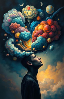A surreal, dreamlike scene depicting the complexities of the human mind, filled with abstract shapes and vibrant colors representing thoughts and emotions swirling like clouds around a central figure