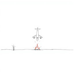 A minimalist drawing depicting a plane crash to the ground, emphasizing simplicity and starkness