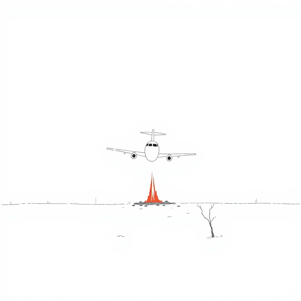 A minimalist drawing depicting a plane crash to the ground, emphasizing simplicity and starkness