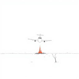 A minimalist drawing depicting a plane crash to the ground, emphasizing simplicity and starkness