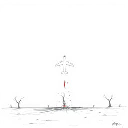 A minimalist drawing depicting a plane crash to the ground, emphasizing simplicity and starkness