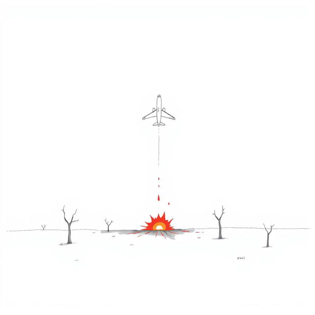 A minimalist drawing depicting a plane crash to the ground, emphasizing simplicity and starkness