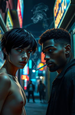 In a dimly lit urban alleyway illuminated by the glow of neon signs and streetlights, an intense scene unfolds