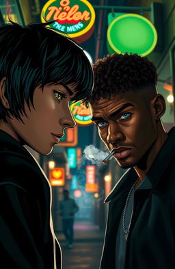 In a dimly lit urban alleyway illuminated by the glow of neon signs and streetlights, an intense scene unfolds