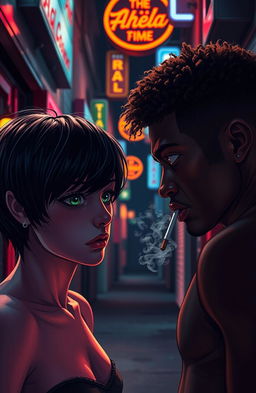 In a dimly lit urban alleyway illuminated by the glow of neon signs and streetlights, an intense scene unfolds