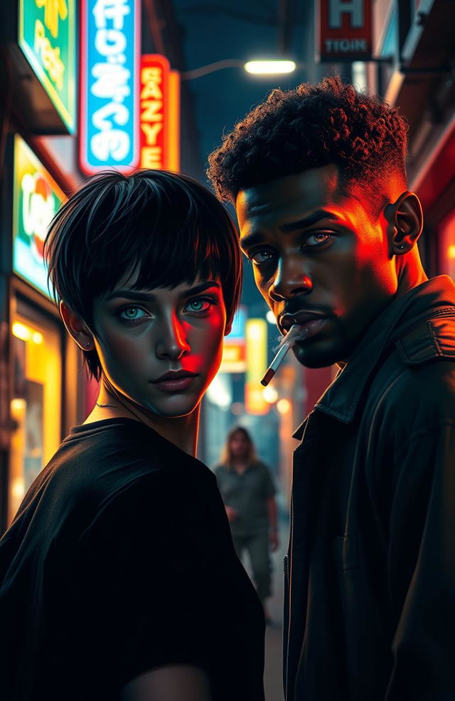 In a dimly lit urban alleyway illuminated by the glow of neon signs and streetlights, an intense scene unfolds