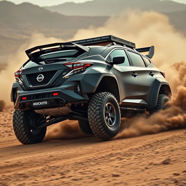 A modified Nissan Murano Z51 with Rocket Bunny tuning, featuring extreme dirt tyres Maxxis M9060 and lifted suspension for off-road adventures