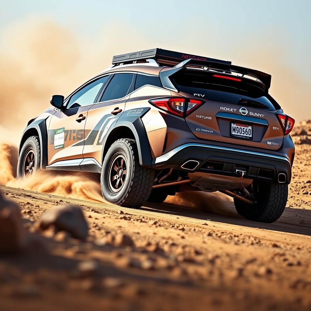 A modified Nissan Murano Z51 with Rocket Bunny tuning, featuring extreme dirt tyres Maxxis M9060 and lifted suspension for off-road adventures