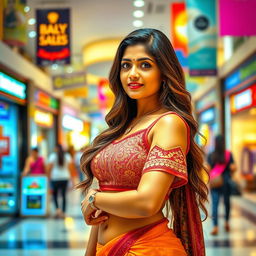 A hot South Indian woman with a confident pose, showcasing traditional attire mixed with modern style, standing in a vibrant shopping mall