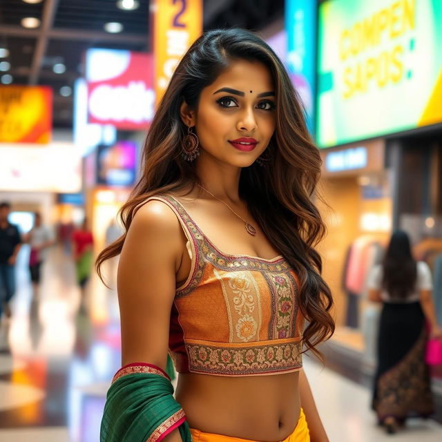 A hot South Indian woman with a confident pose, showcasing traditional attire mixed with modern style, standing in a vibrant shopping mall