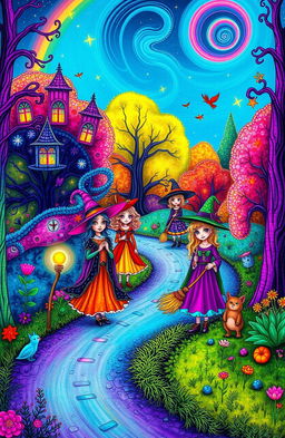 A vibrant and colorful scene depicting a winding road through an enchanted forest, with whimsical witches of diverse genders and expressions exploring the surroundings