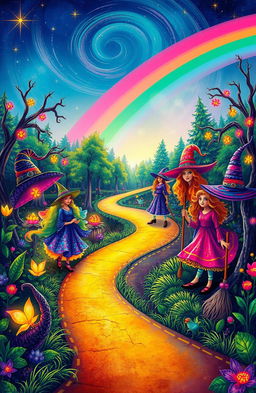 A vibrant and colorful scene depicting a winding road through an enchanted forest, with whimsical witches of diverse genders and expressions exploring the surroundings