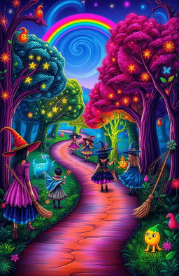 A vibrant and colorful scene depicting a winding road through an enchanted forest, with whimsical witches of diverse genders and expressions exploring the surroundings