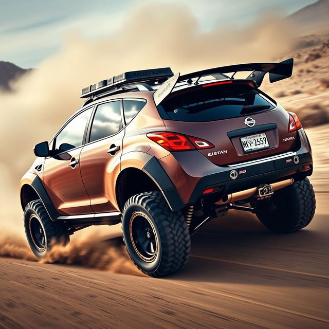 A modified 2010 Nissan Murano Z51 with Rocket Bunny sport tuning, featuring extreme dirt tyres Maxxis M9060 and a lifted suspension for enhanced off-road capability