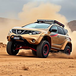 A modified 2010 Nissan Murano Z51 with Rocket Bunny sport tuning, featuring extreme dirt tyres Maxxis M9060 and a lifted suspension for enhanced off-road capability