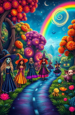 A vibrant and colorful scene depicting a winding road through an enchanted forest, with whimsical witches of diverse genders and expressions exploring the surroundings