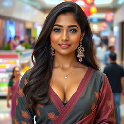 A stunning South Indian Muslim woman in a fashionable outfit that elegantly showcases her cleavage, with long dark hair cascading over her shoulders