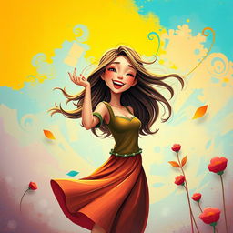 A captivating scene depicting a woman in an animated style, set against a beautifully painted canvas background