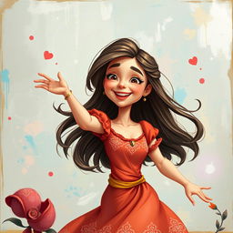 A captivating scene depicting a woman in an animated style, set against a beautifully painted canvas background