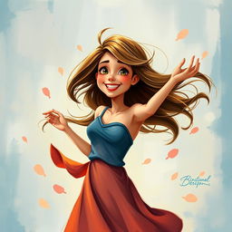 A captivating scene depicting a woman in an animated style, set against a beautifully painted canvas background