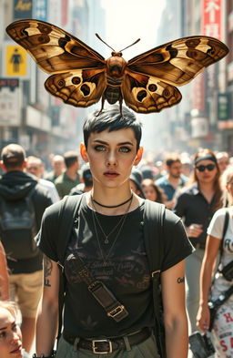 A nonbinary person with short black hair and striking green eyes, wearing a stylish outfit and a nose piercing, stands confidently in the midst of a diverse urban crowd