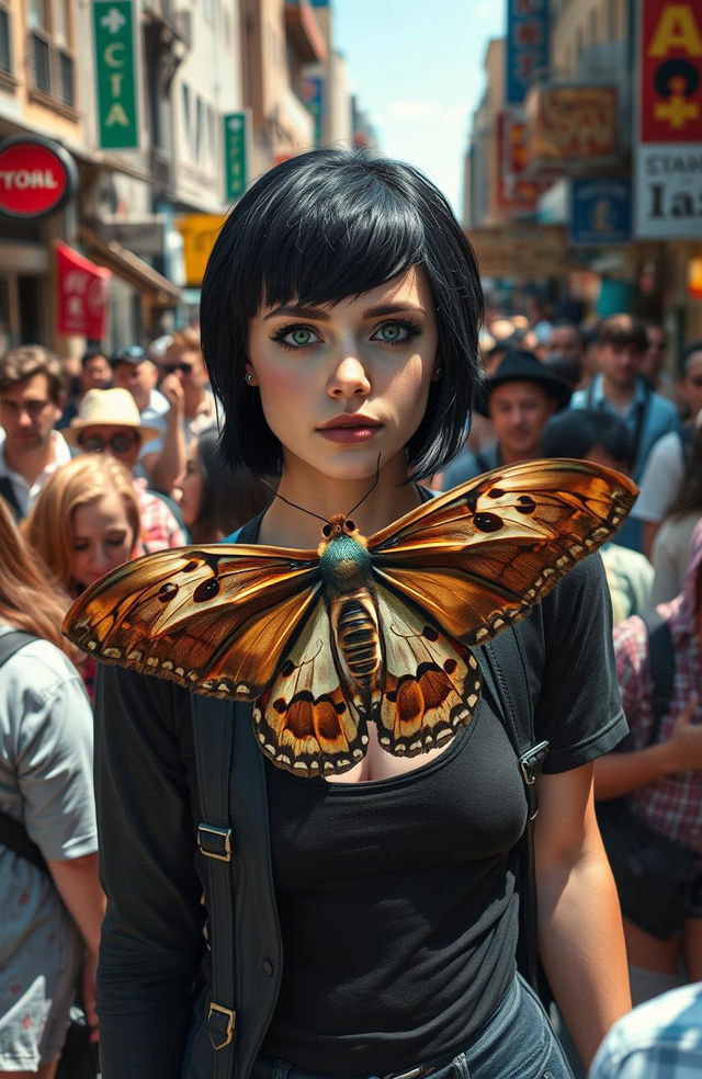 A nonbinary person with short black hair and striking green eyes, wearing a stylish outfit and a nose piercing, stands confidently in the midst of a diverse urban crowd