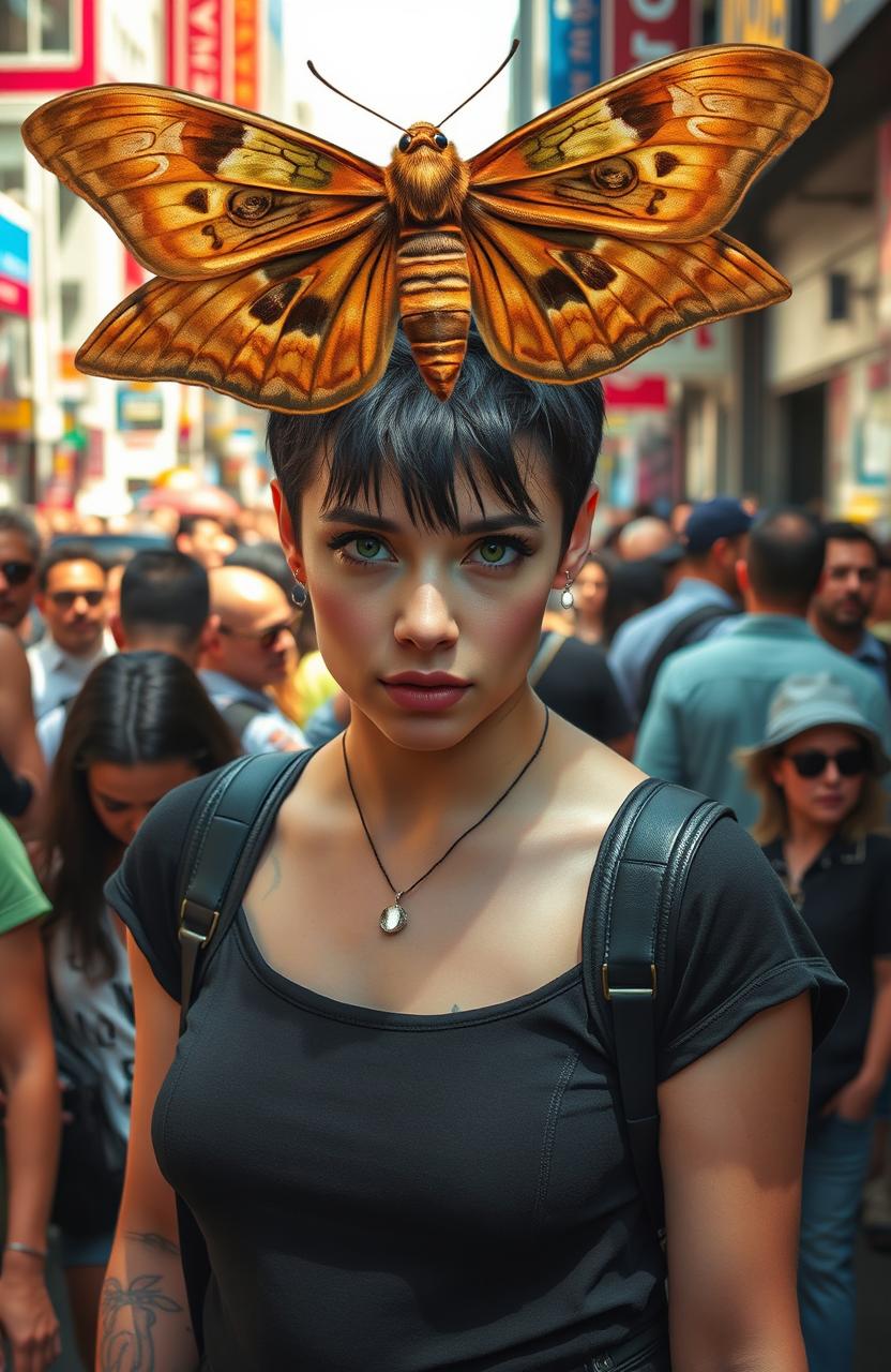 A nonbinary person with short black hair and striking green eyes, wearing a stylish outfit and a nose piercing, stands confidently in the midst of a diverse urban crowd