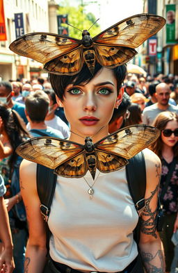 A nonbinary person with short black hair and striking green eyes, wearing a stylish outfit and a nose piercing, stands confidently in the midst of a diverse urban crowd