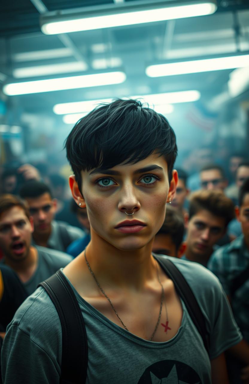 A nonbinary person with short black hair and striking green eyes, sporting a nose piercing, stands confidently in the middle of a bustling crowd