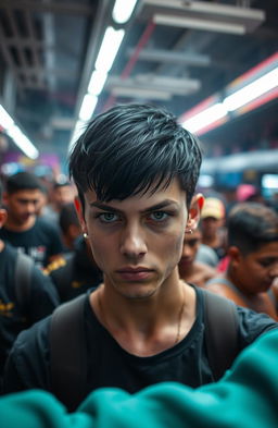 A nonbinary person with short black hair and striking green eyes, sporting a nose piercing, stands confidently in the middle of a bustling crowd
