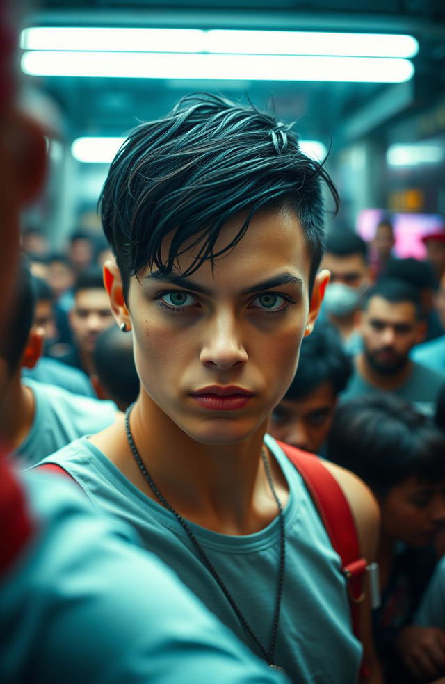 A nonbinary person with short black hair and striking green eyes, sporting a nose piercing, stands confidently in the middle of a bustling crowd