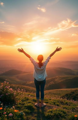 A serene and uplifting scene symbolizing awakening to a new life, featuring a beautiful sunrise illuminating a vast landscape with blooming flowers and rolling hills