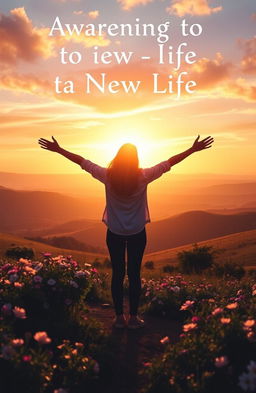 A serene and uplifting scene symbolizing awakening to a new life, featuring a beautiful sunrise illuminating a vast landscape with blooming flowers and rolling hills