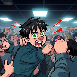 A cartoon-style illustration featuring a nonbinary person with short black hair and bright green eyes, displaying a nose piercing, energetically engaged in a fight in the middle of a lively crowd