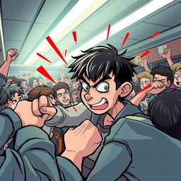 A cartoon-style illustration featuring a nonbinary person with short black hair and bright green eyes, displaying a nose piercing, energetically engaged in a fight in the middle of a lively crowd
