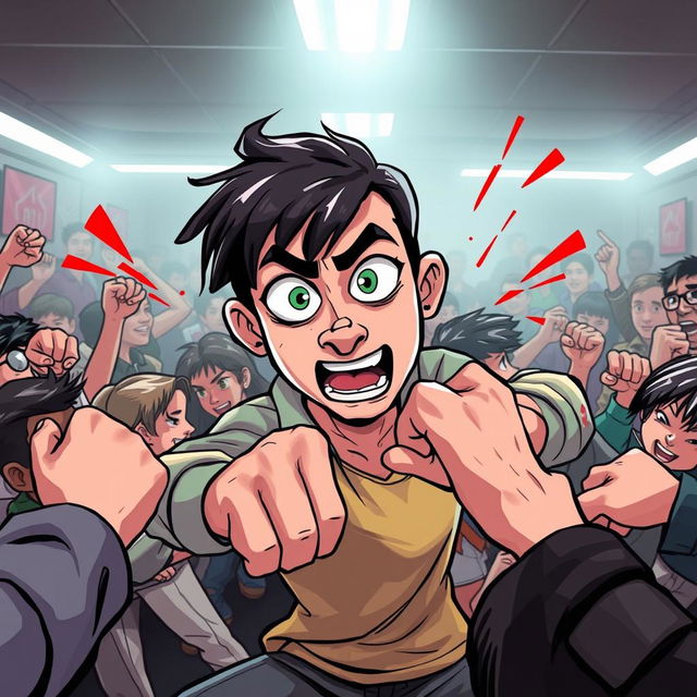 A cartoon-style illustration featuring a nonbinary person with short black hair and bright green eyes, displaying a nose piercing, energetically engaged in a fight in the middle of a lively crowd