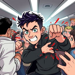 A cartoon-style illustration featuring a nonbinary person with short black hair and bright green eyes, displaying a nose piercing, energetically engaged in a fight in the middle of a lively crowd