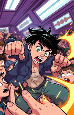 A dynamic cartoon scene of a nonbinary person with short black hair and striking green eyes, sporting a nose piercing