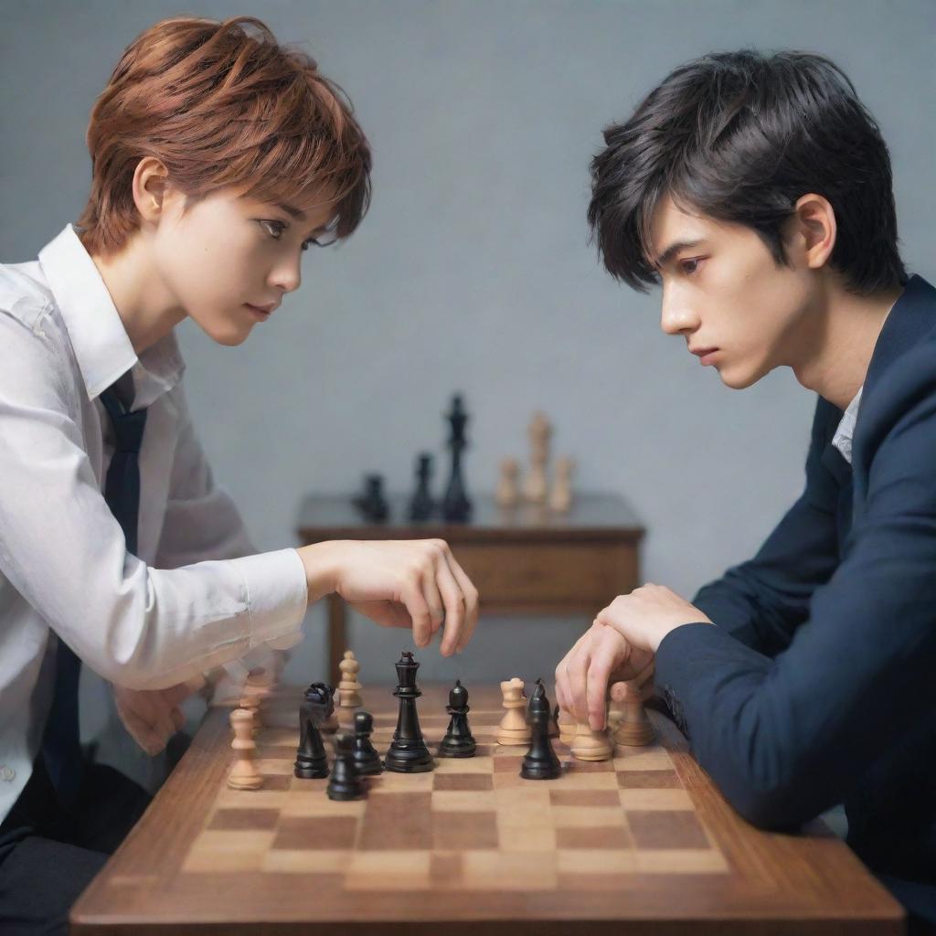 Anime-style characters deep in concentration as they sit across a chess board, engaged in a strategic battle of wits.